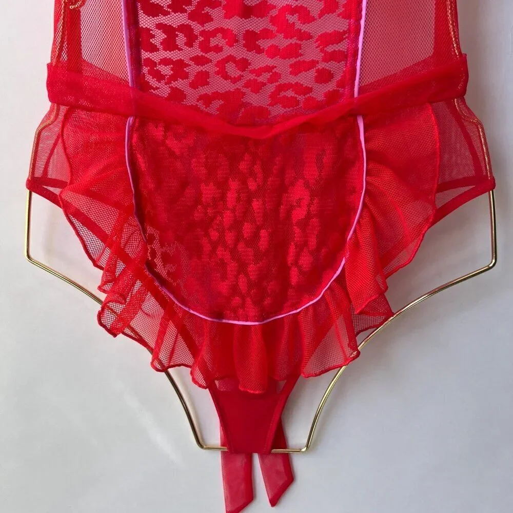 Victoria’s Secret Red Leopard Mesh Apron Lingerie Size 34B